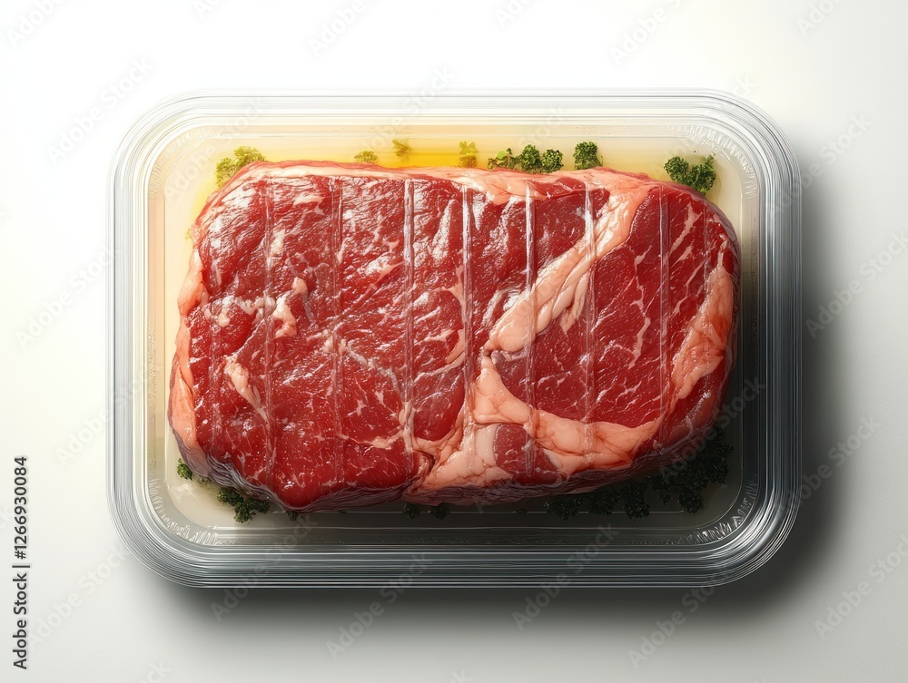 Hyper-realistic raw steak in clear plastic tray top view with natural light highlighting marbling Hyper-realistic raw steak in clear plastic tray top view with natural light highlighting marbling