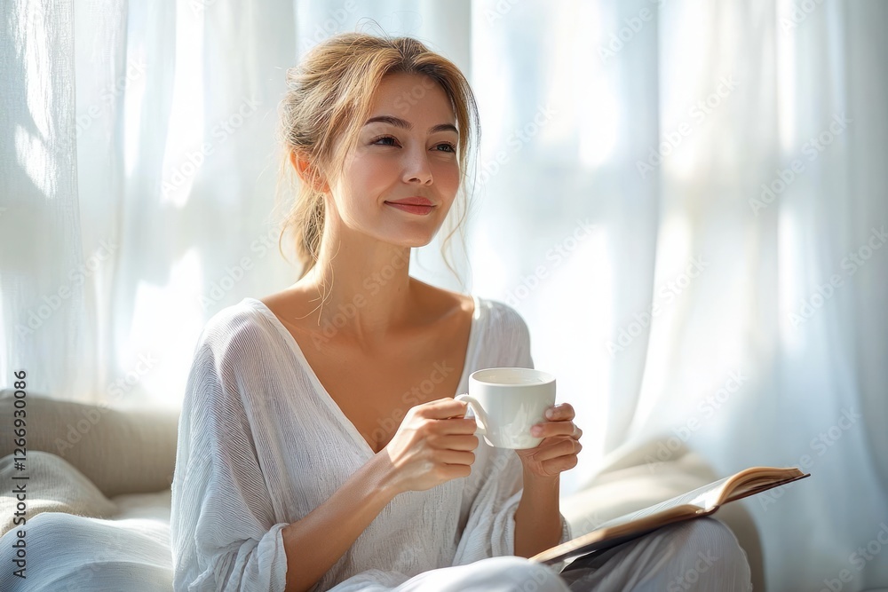 Relaxing Japanese Senior Couple in Living Room with Coffee and Book Relaxing Japanese Senior Couple in Living Room with Coffee and Book