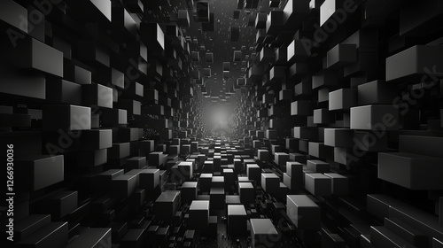 Fototapeta Naklejka Na Ścianę i Meble -  Abstract Cube Tunnel: A mesmerizing abstract tunnel formed by an array of black cubes, illuminated by a distant point of light. The geometric pattern creates a sense of depth and perspective.