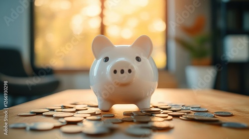 Young Asian Woman Saving Money in Piggy Bank for Financial Investment and Future Security photo