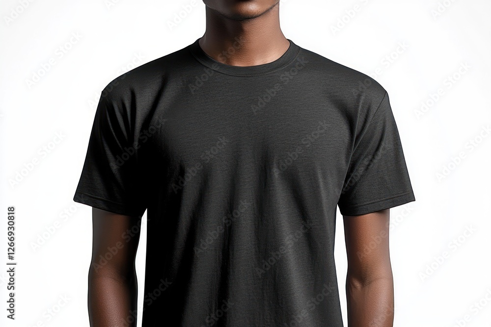 Hyper-realistic black oversize t-shirt mockup front and back view with fabric details and textures Hyper-realistic black oversize t-shirt mockup front and back view with fabric details and textures