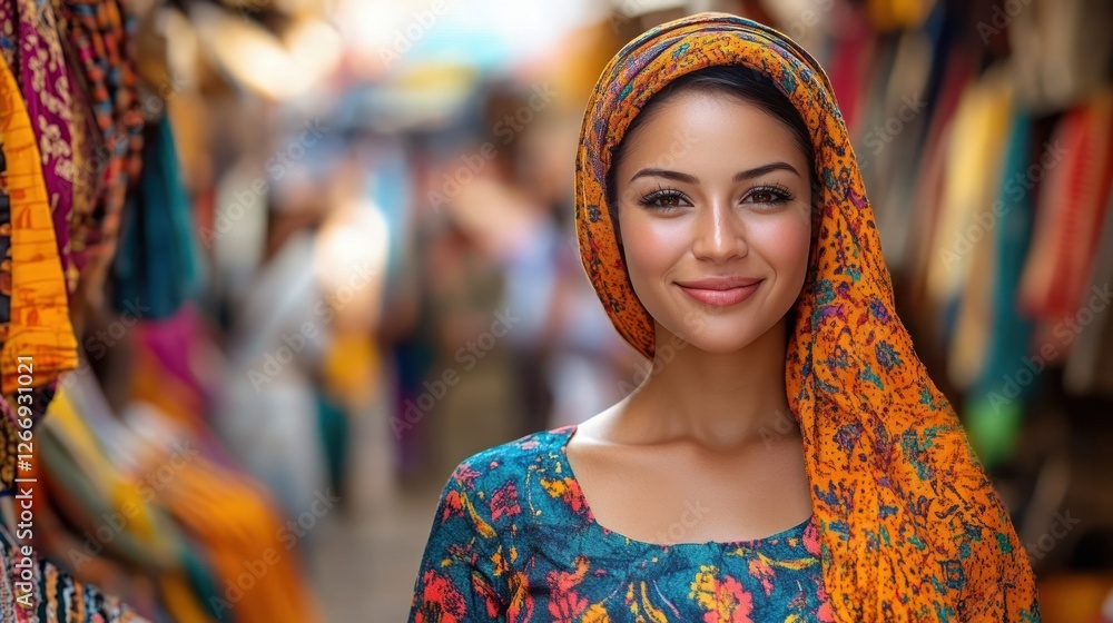 Fashionable Black Woman in Colorful Traditional Attire at Vibrant Marketplace Fashionable Black Woman in Colorful Traditional Attire at Vibrant Marketplace