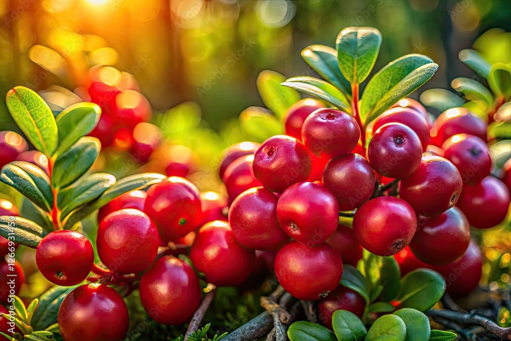 Obraz premium Architectural study: vibrant red cowberries bask in sunlight; a close-up reveals their intricate detail within the forest.