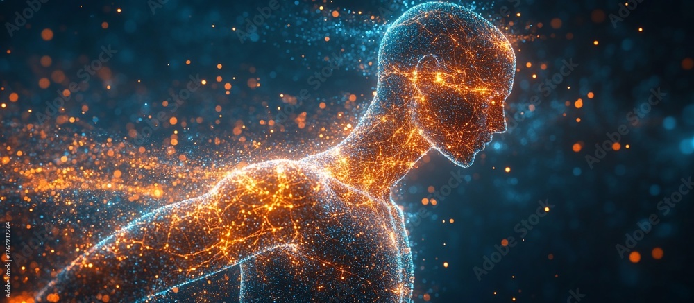 Futuristic glowing human figure in motion surrounded by vibrant particles in a digital space Futuristic glowing human figure in motion surrounded by vibrant particles in a digital space