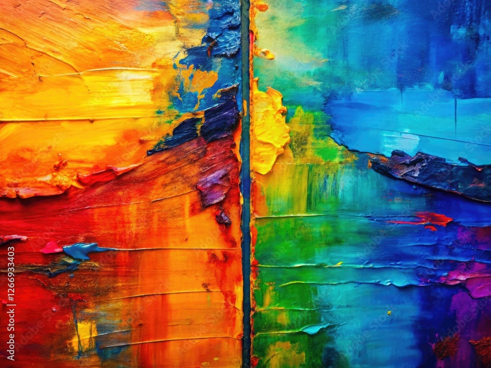 Fototapeta premium Bold brushstrokes define this abstract acrylic, a vibrant split-composition masterpiece.