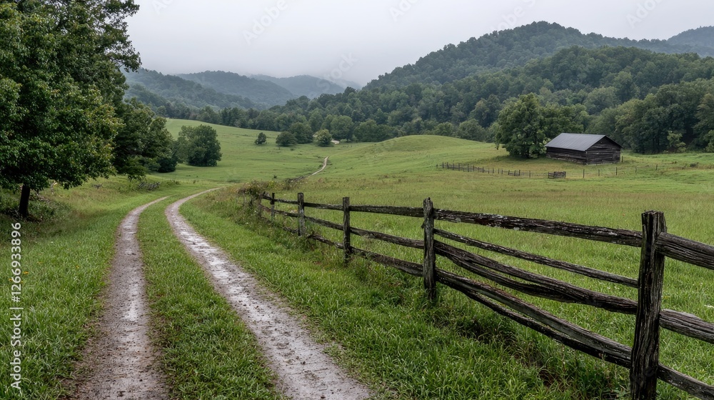 Country road through a misty valley, farmland, rural landscape, tranquil scene, perfect for prints Country road through a misty valley, farmland, rural landscape, tranquil scene, perfect for prints