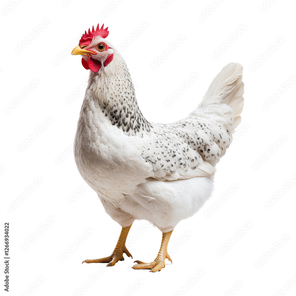 Fototapeta premium white speckled chicken standing proudly with vibrant red comb and beak, showcasing its feathers and strong stance. This captures essence of farm life and poultry