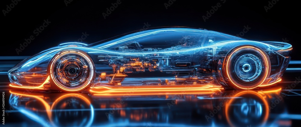 Futuristic Electric Car Design with Transparent Mechanics and Neon Lights in High-Tech Environment Futuristic Electric Car Design with Transparent Mechanics and Neon Lights in High-Tech Environment
