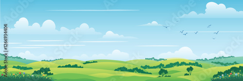 View of summer landscape, spring hills, green meadows and hills, bird flock, panoramic view, vector illustration