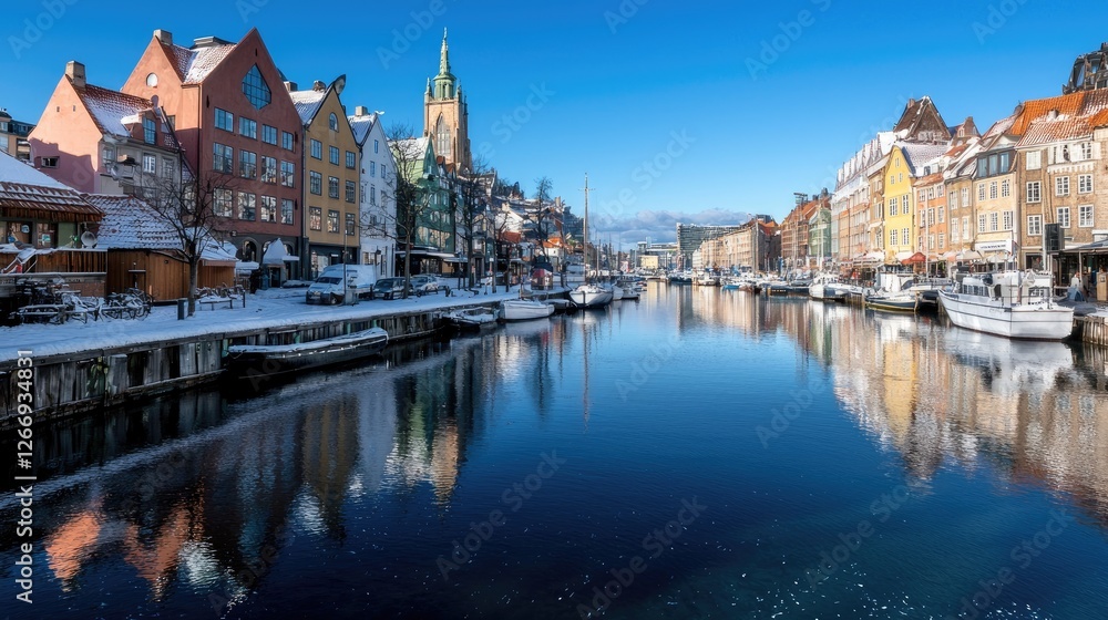 Naklejka premium Winter Canal Cityscape, Snowy European Town, Reflection, Sunny Day, Scenic View, Possible use Travel Brochure
