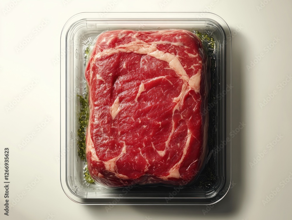 Hyper-realistic raw steak in clear plastic tray top view with natural light Hyper-realistic raw steak in clear plastic tray top view with natural light