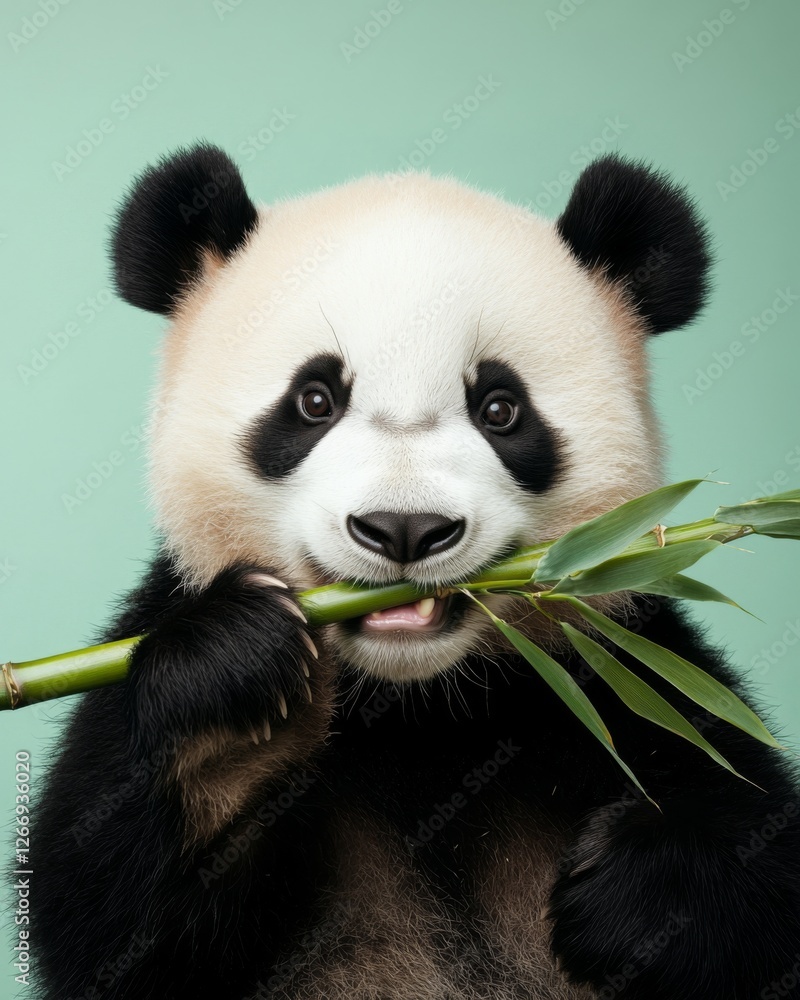 Naklejka premium A cute panda eating bamboo in a serene setting. This adorable bear captivates everyone with its playful personality. Experience the joy of wildlife. Generative AI
