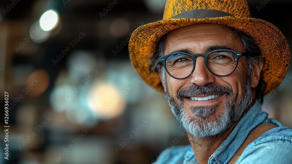 Portrait of a Smiling Man Wearing a Hat and Glasses Portrait of a Smiling Man Wearing a Hat and Glasses