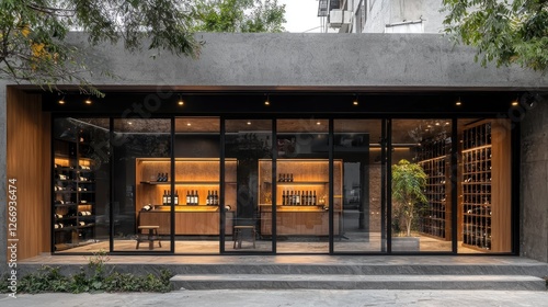 Modern wine shop facade with wine display, city background