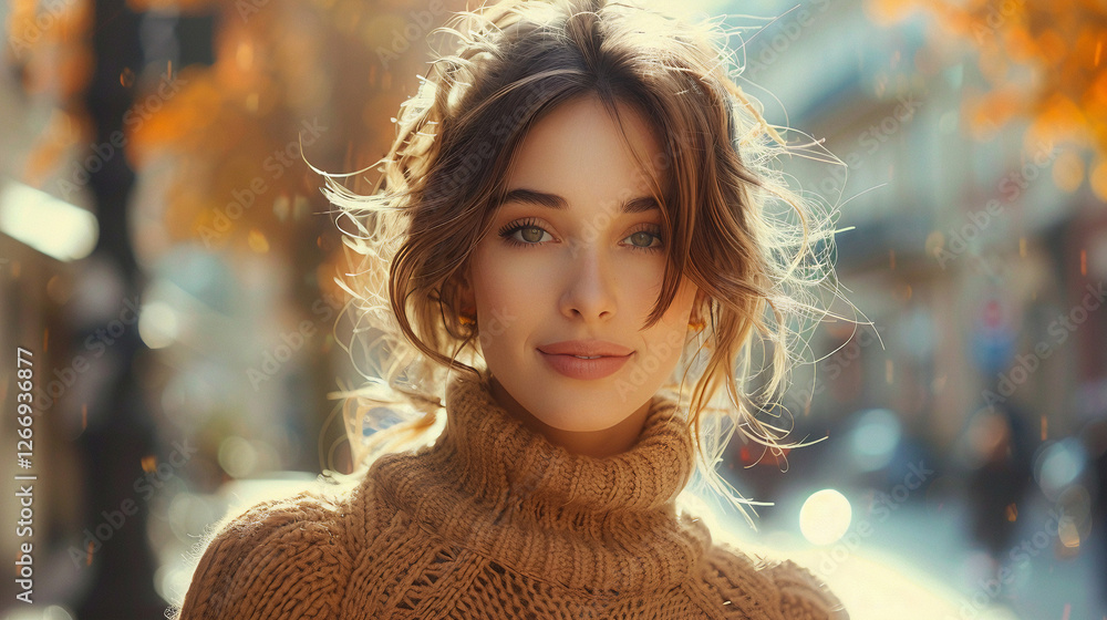Stylish woman in warm sweater enjoying golden hour light on a festive winter city street. Stylish woman in warm sweater enjoying golden hour light on a festive winter city street.