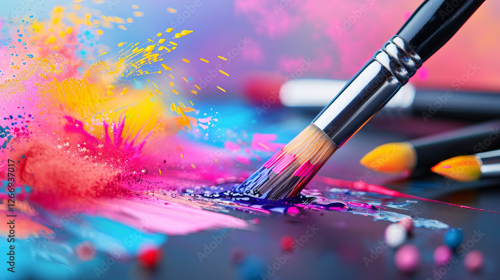 Fototapeta premium Colorful Explosion: Paintbrush in Action: A close-up shot of a paintbrush dipping into vibrant, colorful paint, creating a dynamic explosion of color and texture.