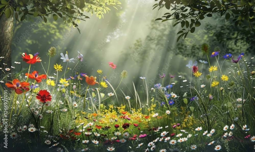 Fototapeta premium Sunlit flowers bloom in a meadow on a bright day, with forest trees and sunlight in the background