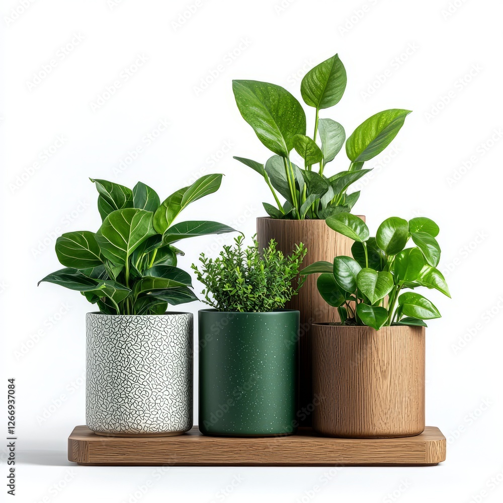 assorted indoor planters and pots with various textures and finishes, isolated on a white background