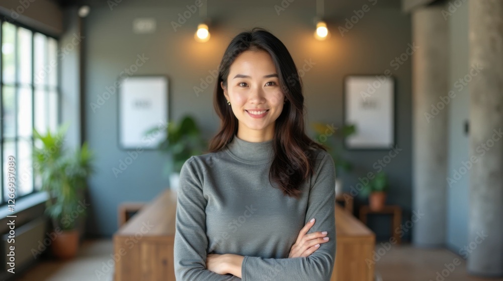 Confident Vietnamese Female CEO in Gray Dress Confident Vietnamese Female CEO in Gray Dress
