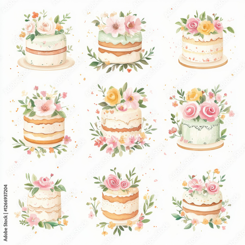 watercolor clipart image of a group of spring-themed, floral designed cakes. Clipart style, centered on a plain white background watercolor clipart image of a group of spring-themed, floral designed cakes. Clipart style, centered on a plain white background