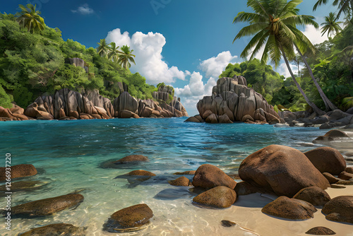 Sea beach with wave and crystal clear water wide shot photography, palm tree and rock coastline under a cloud blue sky. Perfect peaceful paradise island landscape for travel in beafutiful nature photo