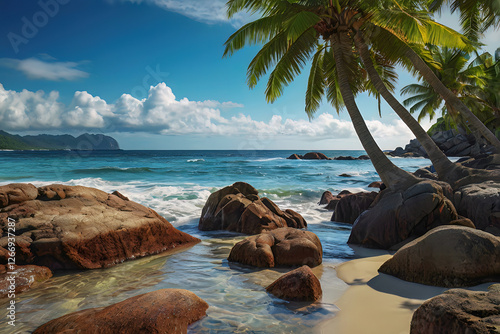 Sea beach with wave and crystal clear water wide shot photography, palm tree and rock coastline under a cloud blue sky. Perfect peaceful paradise island landscape for travel in beafutiful nature photo