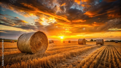 Download stunning PNG images: hay bale silhouettes at sunset, idyllic rural nature backdrop.