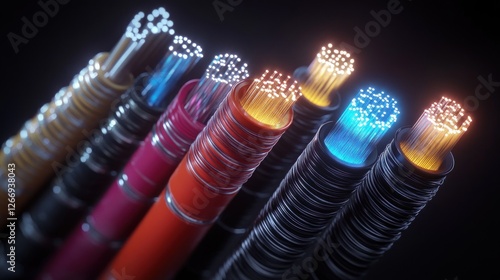 Close-Up View of Optical Fiber Cables in High Contrast with Dramatic Lighting