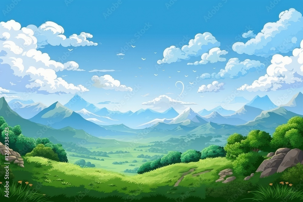 Obraz premium Sunny day in a green valley with distant mountains. Illustration for nature or travel backgrounds
