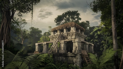 A photo of a partially reclaimed ancient Mayan temple in a dense jungle. The temple has multiple stories and features classical Mayan architecture, with stone carvings and a thatched roof. The jungle 