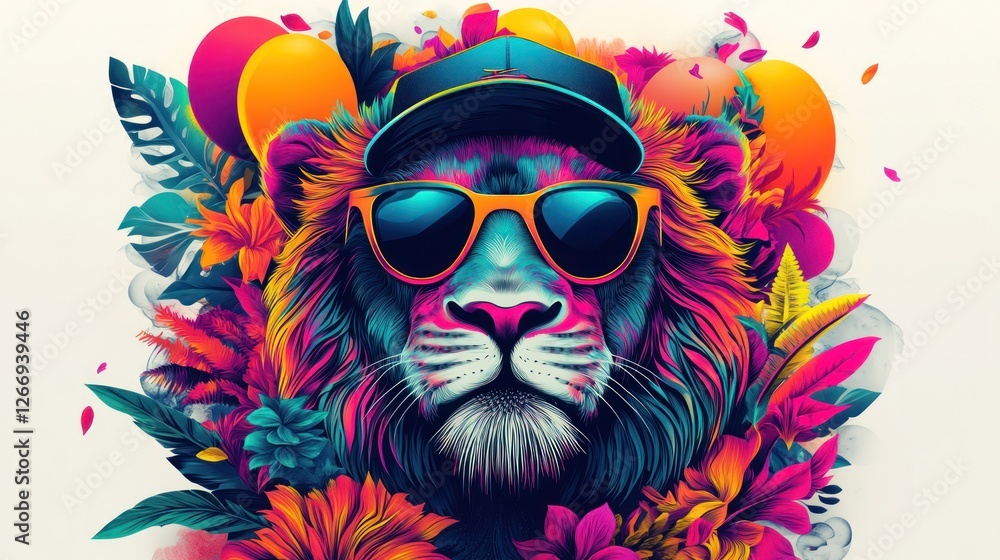 Fototapeta premium Lion in sunglasses, party floral background, vibrant colors, graphic art, poster, print