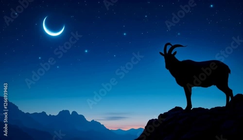 Horizontal  video. Goat or sacrificial sheep silhouette on dark night background. Crescent moon on night starry sky. Eid Al Adha Mubarak, Eid Al Adha festival. 