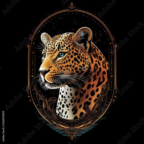 Leopard portrait in ornate frame, night sky backdrop, artistic illustration, graphic design photo