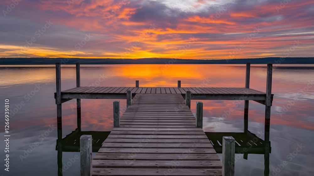 Obraz premium A photo of a rustic wooden pier extending over a still lake. The pier has a few wooden posts and is surrounded by the lake water. The lake is calm and reflects the vibrant colors of the sunset. The sk
