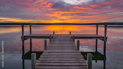 A photo of a rustic wooden pier extending over a still lake. The pier has a few wooden posts and is surrounded by the lake water. The lake is calm and reflects the vibrant colors of the sunset. The sk