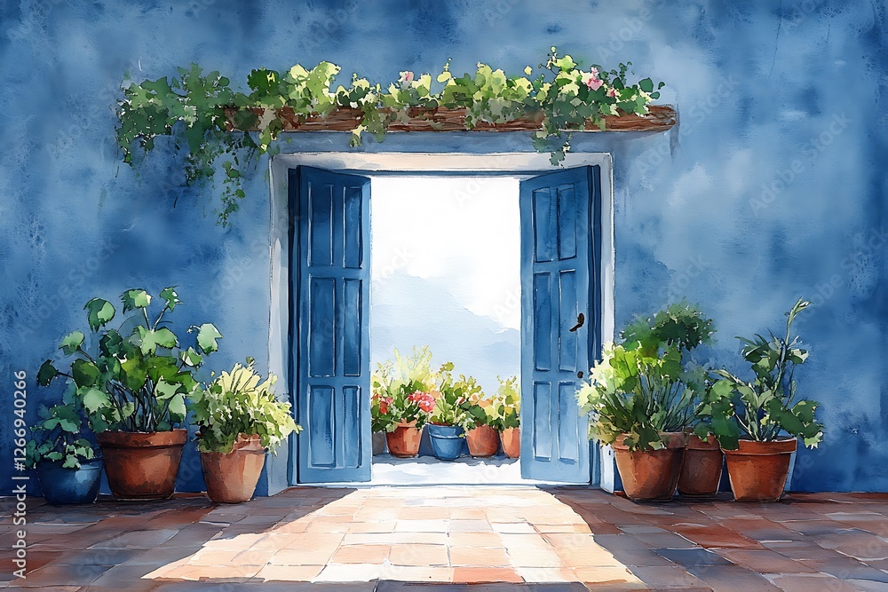 Obraz premium Watercolor Painting of a Sunny Patio Entrance with Blue Door and Plants