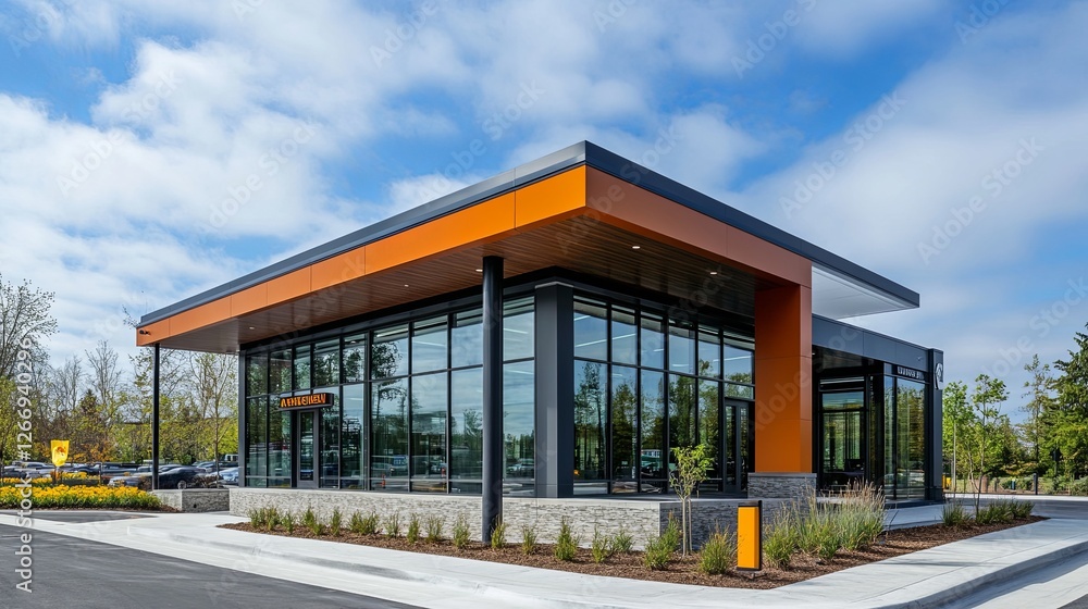 A modern bank’s drive-thru service with clear signage and clean aesthetics. digital A modern bank’s drive-thru service with clear signage and clean aesthetics. digital