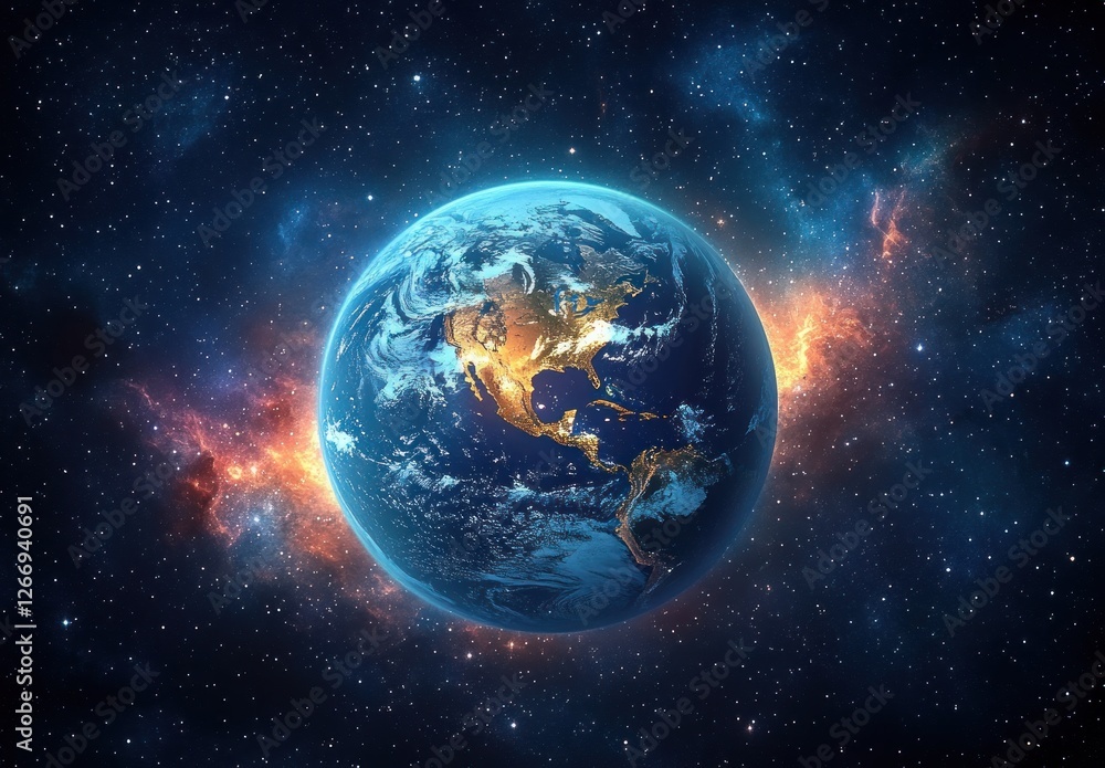 Vibrant Earth in the Starry Cosmos with Nebulae and Dramatic Lighting Vibrant Earth in the Starry Cosmos with Nebulae and Dramatic Lighting