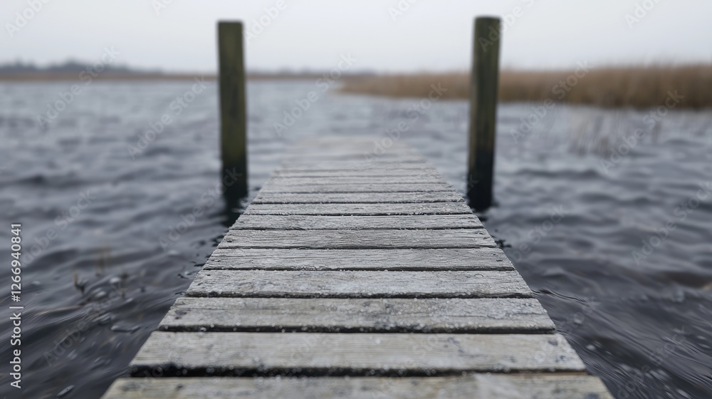 Obraz premium Frozen wooden dock over water on a cloudy day. Possible use Stock photo for nature, travel, or winter themes
