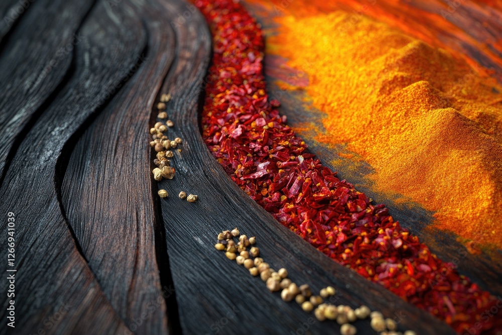 Fototapeta premium Aromatic spices like red pepper flakes, coriander seeds, and turmeric powder arranged on dark wood.