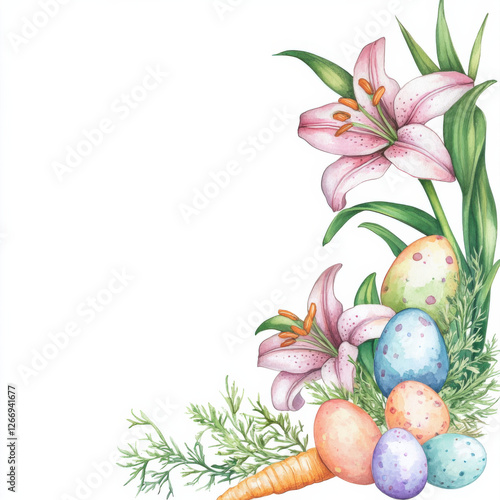 clipart lilies, colorful Easter eggs, grass and carrots, watercolor, warm rich pastel. the corners of the template are filled with elements 