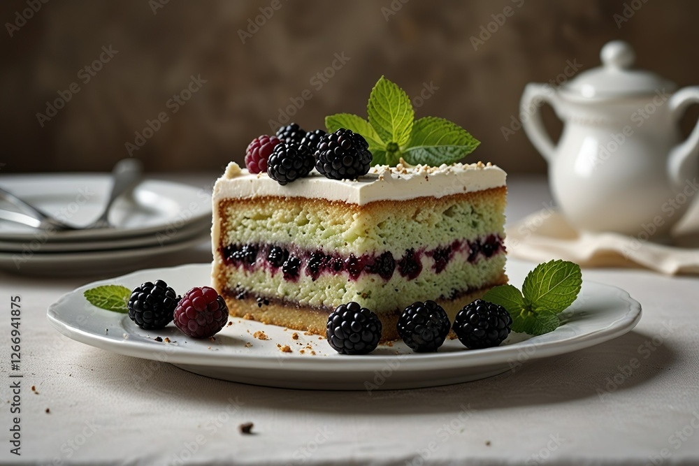 custom made wallpaper toronto digitalPiece of layered creamy, crumbly, juicy cake with mint, blackberries on a soft daylight background. Food template for restaurant menu business. Romantic sweet gift. Tasty luxury expensive present.	