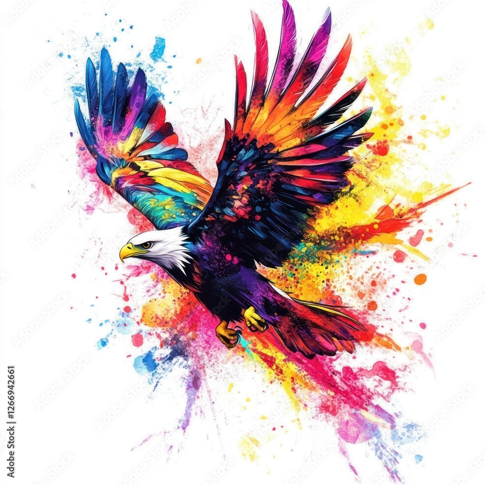Obraz premium Colorful eagle soaring, paint splash background, freedom, design