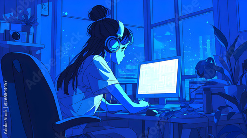 Businesswoman Working on Laptop in Modern Office Setting Vector Illustration