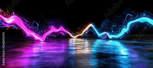 Abstract neon light waves in pink, blue, and yellow on a reflective surface against a dark background. The glowing energy lines create a futuristic and dynamic digital atmosphere.