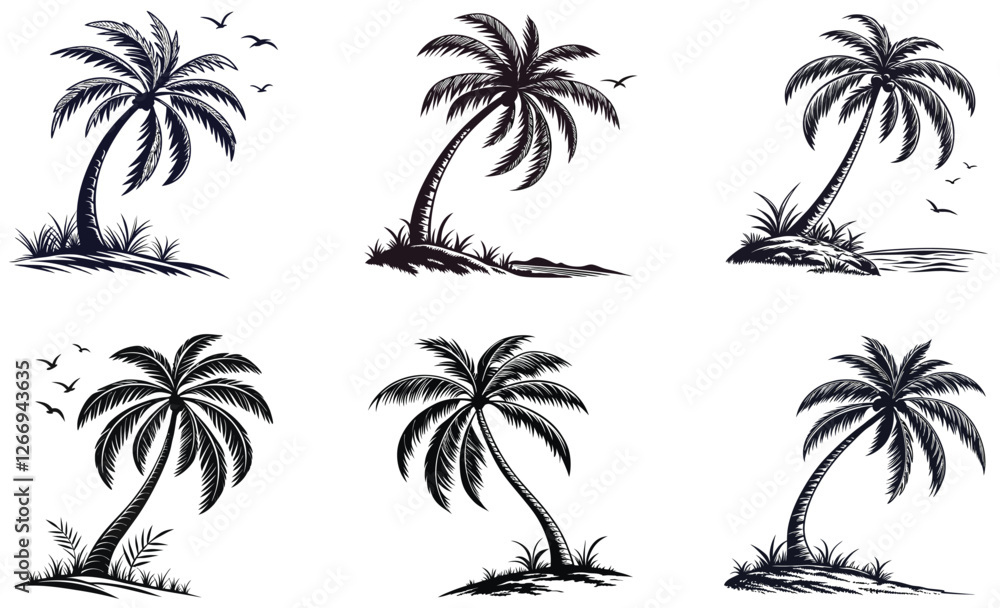 Fototapeta premium Hand-Drawn Palm Tree Illustrations Tropical Beach and Island Silhouettes Vector Set