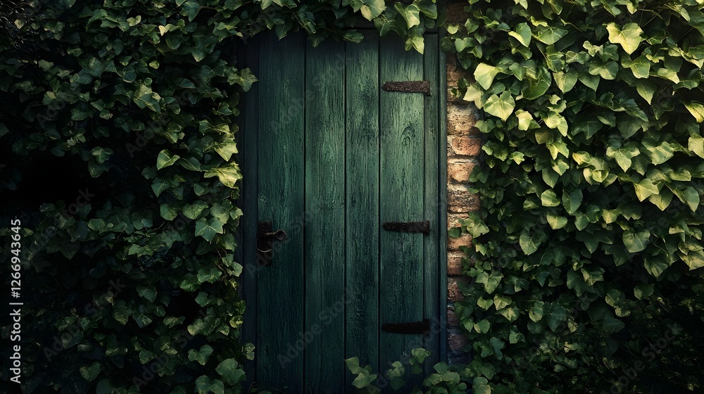 A weathered green door surrounded by lush ivy, hinting at mystery in a serene garden setting A weathered green door surrounded by lush ivy, hinting at mystery in a serene garden setting