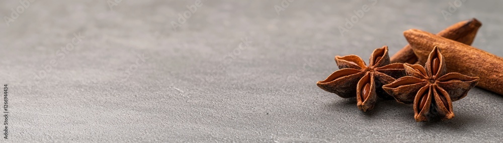 Star Anise and Cinnamon Sticks on Grey Surface for Use in Culinary or Aromatic Decor Concepts Star Anise and Cinnamon Sticks on Grey Surface for Use in Culinary or Aromatic Decor Concepts