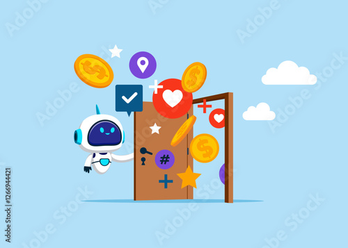 Robot opening a door to see Donation and charity with coin, money. Modern vector illustration in flat style.