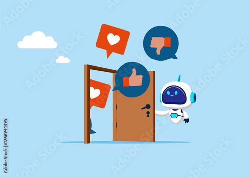 Robot opening a door to see Social media positive and negative feedback vision. Discussion, conversation, meeting, team communication. Social media communication. Vector illustration